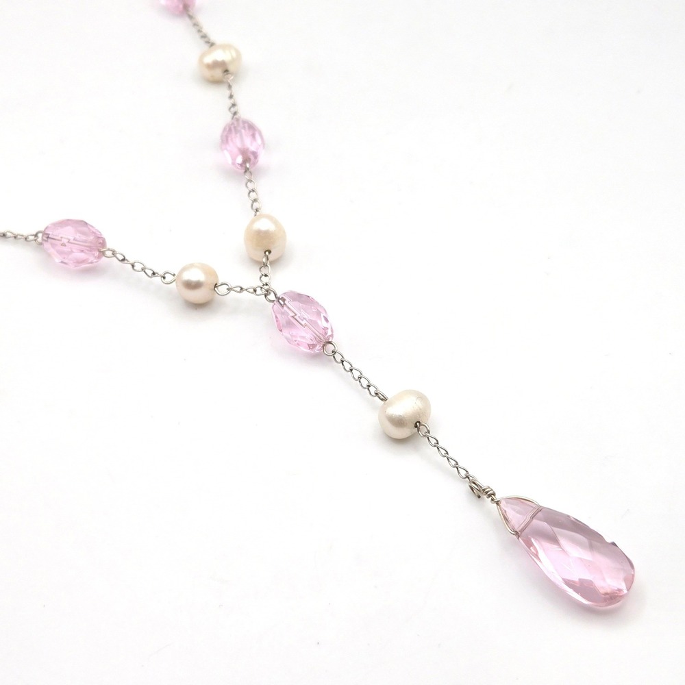 Handmade 16" Pink Faceted Glass‎ and Freshwater Pearl Y-Drop Necklace